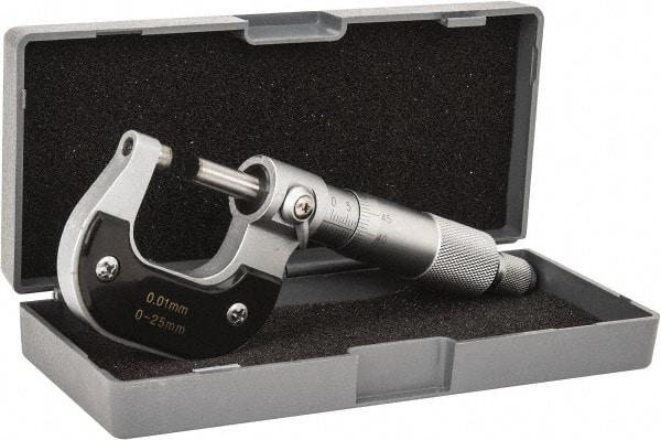 Value Collection - 0 to 25mm Range, 0.01mm Graduation, Mechanical Outside Micrometer - Ratchet Stop Thimble - Benchmark Tooling