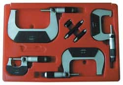 Value Collection - 0 to 75mm Range, 3 Piece Mechanical Outside Micrometer Set - 0.01mm Graduation, 0.000160, 0.000200 Accuracy, Ratchet Stop Thimble, Carbide Tipped, Forged Steel (Frame) Face - Benchmark Tooling