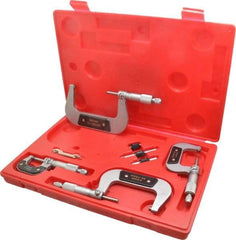 Value Collection - 0 to 100mm Range, 4 Piece Mechanical Outside Micrometer Set - 0.01mm Graduation, 0.000160, 0.000200 Accuracy, Ratchet Stop Thimble, Carbide Tipped, Forged Steel (Frame) Face - Benchmark Tooling