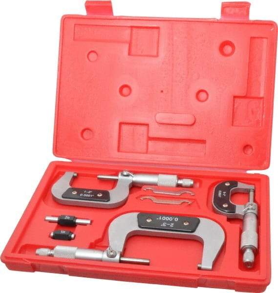 Value Collection - 0 to 3" Range, 3 Piece Mechanical Outside Micrometer Set - 0.0001" Graduation, 0.000160, 0.000200 Accuracy, Ratchet Stop Thimble, Carbide Tipped, Forged Steel (Frame) Face - Benchmark Tooling