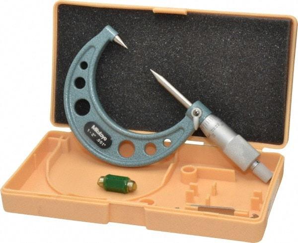 Mitutoyo - 1 to 2 Inch, 49mm Throat Depth, Ratchet Stop, Mechanical Point Micrometer - Accurate Up to 0.00015 Inch, 0.001 Inch Graduation, 0.5039 Inch Point Length, 30° Point Angle, 18mm Head Diameter, 6.35mm Spindle Diameter - Benchmark Tooling