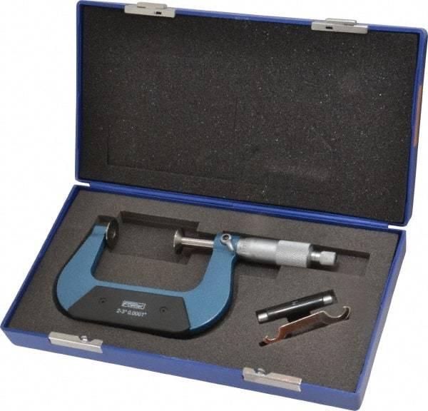 Fowler - 2 to 3 Inch, 0.001 Inch Graduation, Ratchet Stop Thimble, Mechanical Disc Micrometer - 0.00024 Inch Accuracy, 0.787 Inch Disc, 0.256 Inch Spindle - Benchmark Tooling