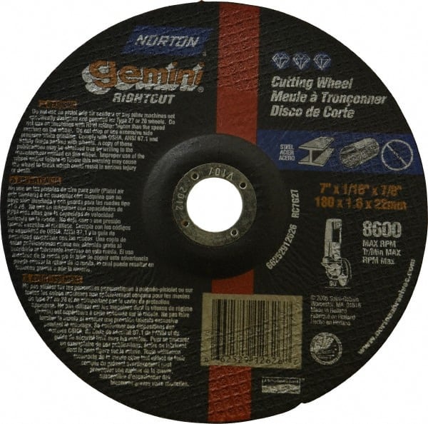 Norton - 7" Wheel Diam, 1/16" Wheel Thickness, 7/8" Arbor Hole, Type 27 Depressed Center Wheel - Aluminum Oxide, 8,600 Max RPM, Compatible with Angle Grinder - Benchmark Tooling