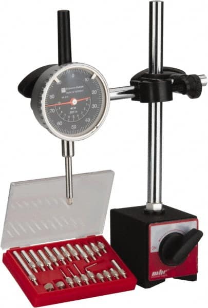 TESA Brown & Sharpe - 0.001" Graduation, 0-100 Dial Reading, Indicator & Base Kit - 2-1/4" Dial Diam - Benchmark Tooling
