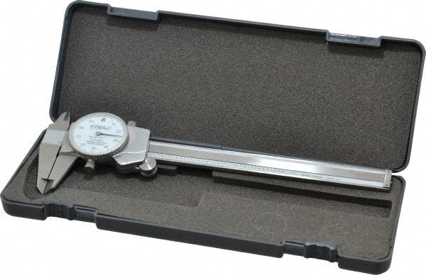 Fowler - 0" to 6" Range, 0.001" Graduation, 0.1" per Revolution, Dial Caliper - White Face, 1.6" Jaw Length - Benchmark Tooling