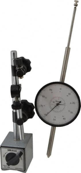 Mitutoyo - 0.001" Graduation, 0-100 Dial Reading, Indicator & Base Kit - 3.56" Dial Diam - Benchmark Tooling
