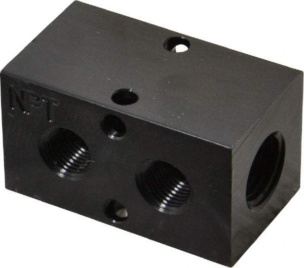 Made in USA - 1/4" Inlet, 1/8" Outlet Manifold - 1-3/4" Long x 1" Wide x 1" High, 0.17" Mount Hole, 2 Inlet Ports, 2 Outlet Ports - Benchmark Tooling