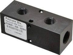Made in USA - 3/8" Inlet, 1/4" Outlet Manifold - 3-1/4" Long x 1-1/4" Wide x 1-1/4" High, 0.2" Mount Hole, 2 Inlet Ports, 2 Outlet Ports - Benchmark Tooling