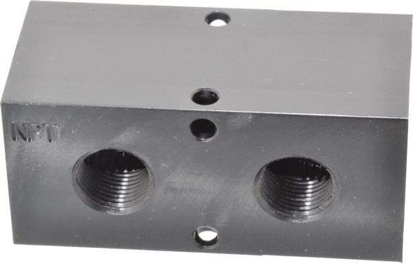 Made in USA - 1/2" Inlet, 3/8" Outlet Manifold - 3-1/4" Long x 1-1/2" Wide x 1-1/2" High, 0.2" Mount Hole, 2 Inlet Ports, 2 Outlet Ports - Benchmark Tooling