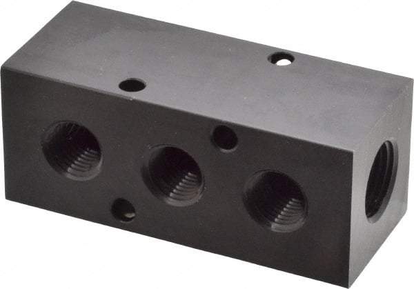 Made in USA - 3/8" Inlet, 1/4" Outlet Manifold - 3-1/4" Long x 1-1/4" Wide x 1-1/4" High, 0.2" Mount Hole, 2 Inlet Ports, 3 Outlet Ports - Benchmark Tooling