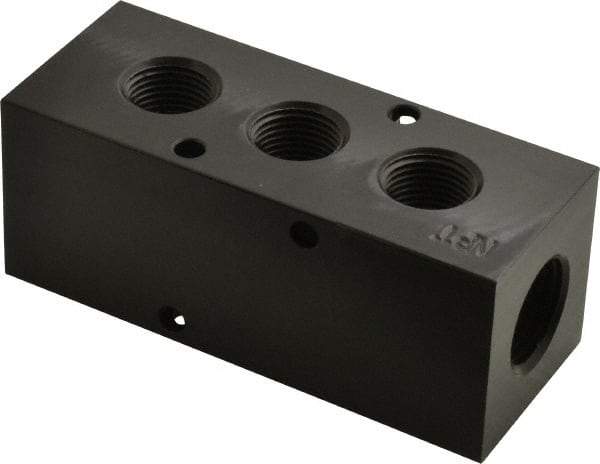 Made in USA - 1/2" Inlet, 3/8" Outlet Manifold - 3-3/4" Long x 1-1/2" Wide x 1-1/2" High, 0.2" Mount Hole, 2 Inlet Ports, 3 Outlet Ports - Benchmark Tooling