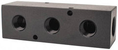 Made in USA - 1/2" Inlet, 3/8" Outlet Manifold - 4-3/4" Long x 1-1/2" Wide x 1-1/2" High, 0.2" Mount Hole, 2 Inlet Ports, 3 Outlet Ports - Benchmark Tooling