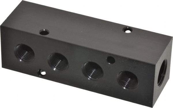 Made in USA - 3/8" Inlet, 1/4" Outlet Manifold - 4.12" Long x 1-1/4" Wide x 1-1/4" High, 0.2" Mount Hole, 2 Inlet Ports, 4 Outlet Ports - Benchmark Tooling