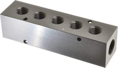Made in USA - 1/2" Inlet, 3/8" Outlet Manifold - 5-3/4" Long x 1-1/2" Wide x 1-1/2" High, 0.2" Mount Hole, 2 Inlet Ports, 5 Outlet Ports - Benchmark Tooling