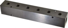Made in USA - 1/2" Inlet, 1/4" Outlet Manifold - 9-1/4" Long x 1-1/2" Wide x 1-1/2" High, 0.2" Mount Hole, 2 Inlet Ports, 6 Outlet Ports - Benchmark Tooling