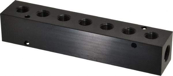 Made in USA - 3/8" Inlet, 1/4" Outlet Manifold - 6-3/4" Long x 1-1/4" Wide x 1-1/4" High, 0.2" Mount Hole, 2 Inlet Ports, 7 Outlet Ports - Benchmark Tooling