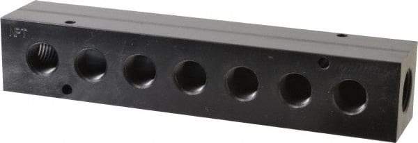 Made in USA - 1/2" Inlet, 3/8" Outlet Manifold - 7-3/4" Long x 1-1/2" Wide x 1-1/2" High, 0.2" Mount Hole, 2 Inlet Ports, 7 Outlet Ports - Benchmark Tooling