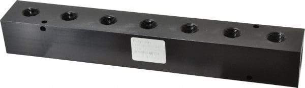 Made in USA - 1/2" Inlet, 3/8" Outlet Manifold - 10-3/4" Long x 1-1/2" Wide x 1-1/2" High, 0.2" Mount Hole, 2 Inlet Ports, 7 Outlet Ports - Benchmark Tooling
