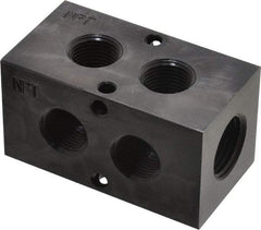 Made in USA - 1/2" Inlet, 3/8" Outlet Manifold - 2-3/4" Long x 1-1/2" Wide x 1-1/2" High, 0.2" Mount Hole, 2 Inlet Ports, 2 Outlet Ports - Benchmark Tooling