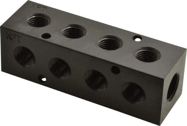 Made in USA - 3/8" Inlet, 1/4" Outlet Manifold - 4.12" Long x 1-1/4" Wide x 1-1/4" High, 0.2" Mount Hole, 2 Inlet Ports, 4 Outlet Ports - Benchmark Tooling