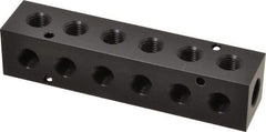 Made in USA - 3/8" Inlet, 1/4" Outlet Manifold - 5.88" Long x 1-1/4" Wide x 1-1/4" High, 0.2" Mount Hole, 2 Inlet Ports, 6 Outlet Ports - Benchmark Tooling