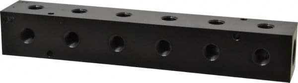 Made in USA - 1/2" Inlet, 1/4" Outlet Manifold - 9-1/4" Long x 1-1/2" Wide x 1-1/2" High, 0.2" Mount Hole, 2 Inlet Ports, 6 Outlet Ports - Benchmark Tooling