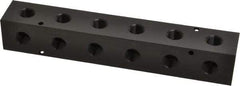 Made in USA - 1/2" Inlet, 3/8" Outlet Manifold - 9-1/4" Long x 1-1/2" Wide x 1-1/2" High, 0.2" Mount Hole, 2 Inlet Ports, 6 Outlet Ports - Benchmark Tooling