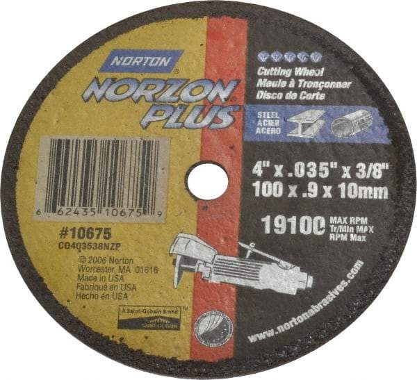 Norton - 4" Ceramic Cutoff Wheel - 0.035" Thick, 3/8" Arbor, 19,100 Max RPM, Use with Die Grinders - Benchmark Tooling
