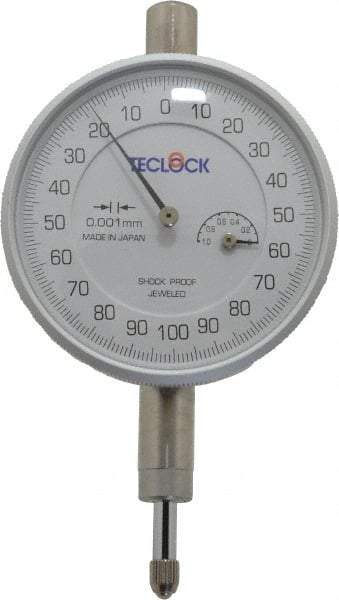 Teclock - 1mm Range, 0-100-0 Dial Reading, 0.001mm Graduation Dial Drop Indicator - 2-13/64" Dial, Revolution Counter - Benchmark Tooling