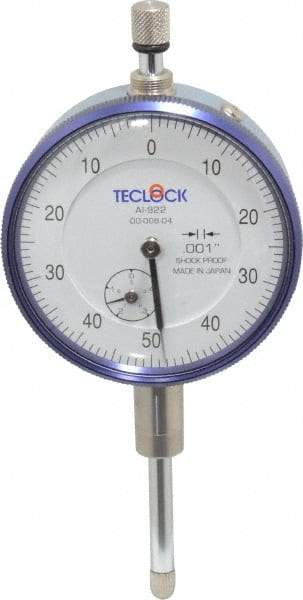 Teclock - 1" Range, 0-50-0 Dial Reading, 0.001" Graduation Dial Drop Indicator - 2-11/64" Dial, 0.1" Range per Revolution, 0.0014" Accuracy, Revolution Counter - Benchmark Tooling