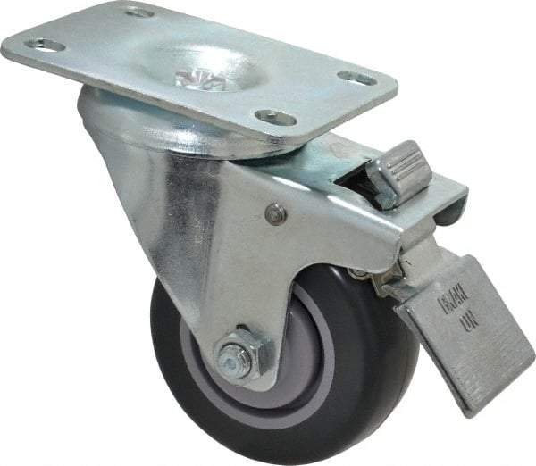 Shepherd - 3" Diam x 1-1/4" Wide x 4-1/4" OAH Top Plate Mount Swivel Caster with Brake - Polyurethane, 185 Lb Capacity, Ball Bearing, 2-5/8 x 3-3/4" Plate - Benchmark Tooling
