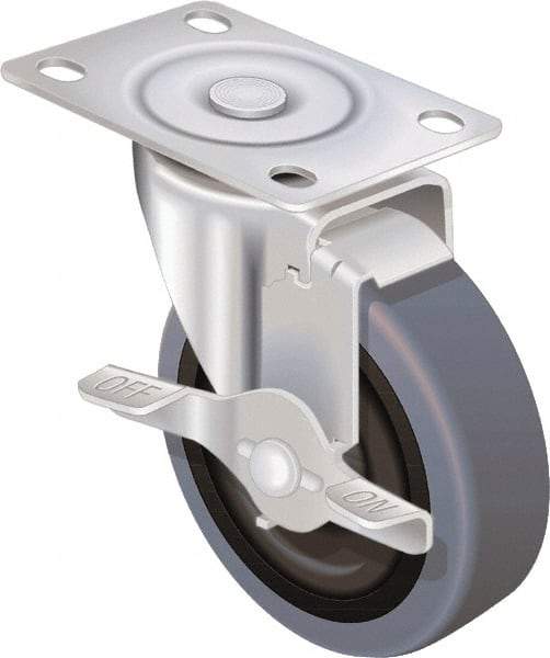 Shepherd - 3" Diam x 13/16" Wide x 3-1/2" OAH Top Plate Mount Swivel Caster with Brake - TPR, 110 Lb Capacity, Nylon Bearing, 2-5/8 x 3-3/4" Plate - Benchmark Tooling