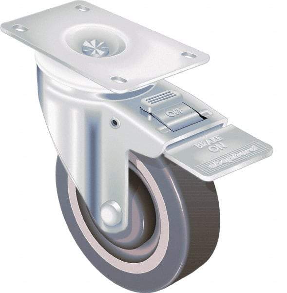 Shepherd - 4" Diam x 1-1/4" Wide x 5-1/4" OAH Top Plate Mount Swivel Caster with Brake - TPR, 185 Lb Capacity, Ball Bearing, 2-5/8 x 3-3/4" Plate - Benchmark Tooling