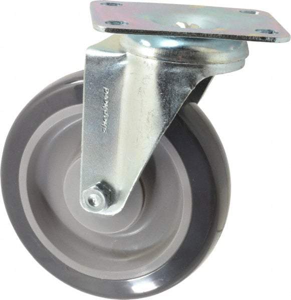 Shepherd - 5" Diam x 1-1/4" Wide x 6-1/4" OAH Top Plate Mount Swivel Caster - Polyurethane, 225 Lb Capacity, Ball Bearing, 2-5/8 x 3-3/4" Plate - Benchmark Tooling