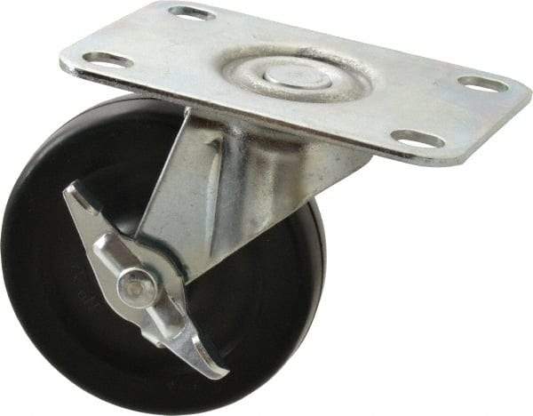 Shepherd - 3" Diam x 13/16" Wide x 3-1/2" OAH Top Plate Mount Swivel Caster with Brake - Soft Rubber, 110 Lb Capacity, Nylon Bearing, 2-5/8 x 3-3/4" Plate - Benchmark Tooling