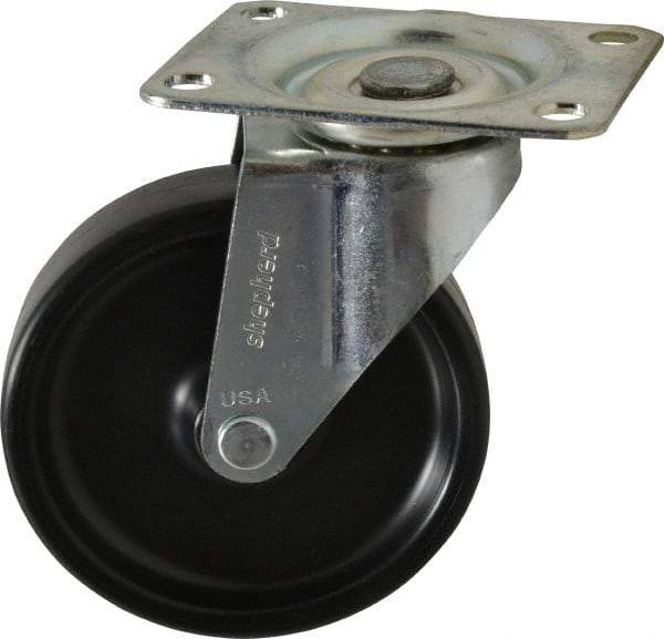 Shepherd - 4" Diam x 15/16" Wide x 4-3/4" OAH Top Plate Mount Swivel Caster - Polyolefin, 150 Lb Capacity, Plain Bearing, 2-5/8 x 3-3/4" Plate - Benchmark Tooling
