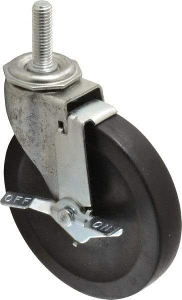Shepherd - 5" Diam x 15/16" Wide x 5-3/4" OAH Stem Mount Swivel Caster with Brake - Hard Rubber, 160 Lb Capacity, Nylon Bearing, 1/2-13 x 1-1/2" Threaded Stem - Benchmark Tooling