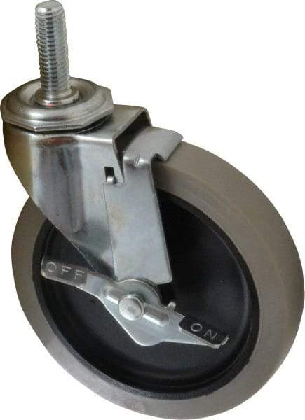 Shepherd - 5" Diam x 15/16" Wide x 5-3/4" OAH Stem Mount Swivel Caster with Brake - Polyurethane, 160 Lb Capacity, Plain Bearing, 1/2-13 x 1-1/2" Threaded Stem - Benchmark Tooling