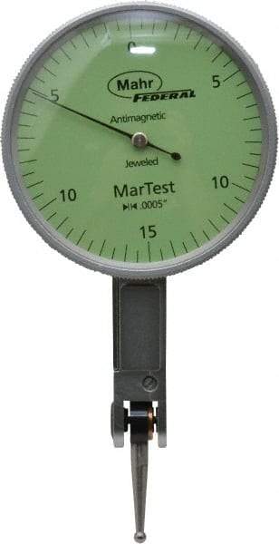 Mahr - 0.015 Inch Range, 0.0005 Inch Dial Graduation, Horizontal Dial Test Indicator - 1-1/2 Inch Green Dial, 0-15-0 Dial Reading - Benchmark Tooling