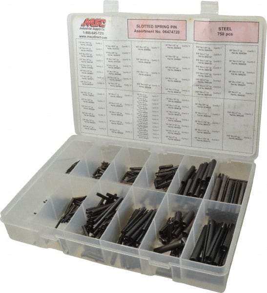 Made in USA - 750 Piece, 1/16 to 7/16" Pin Diam, Spring Pin Assortment - Steel - Benchmark Tooling