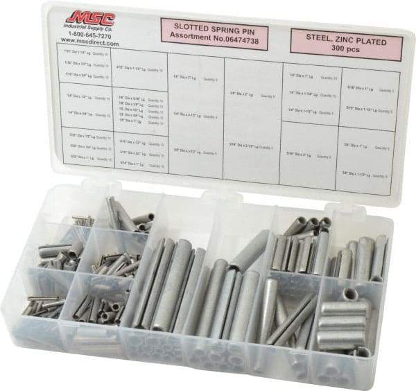 Made in USA - 300 Piece, 1/16 to 3/8" Pin Diam, Spring Pin Assortment - Zinc, Zinc Plated - Benchmark Tooling