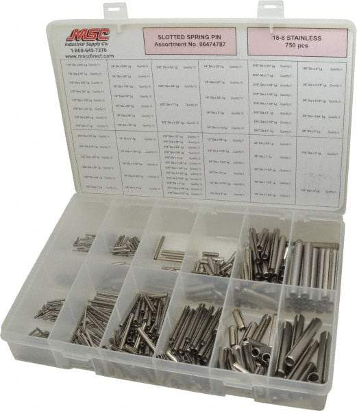 Made in USA - 750 Piece, 1/16 to 7/16" Pin Diam, Spring Pin Assortment - 18-8 Stainless Steel - Benchmark Tooling