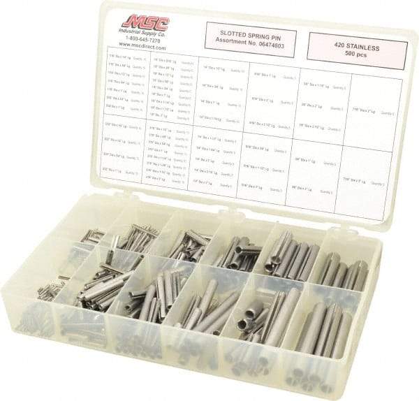 Made in USA - 500 Piece, 1/16 to 7/16" Pin Diam, Spring Pin Assortment - 420 Stainless Steel - Benchmark Tooling