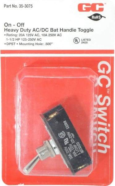 GC/Waldom - DPST Heavy Duty On-Off Toggle Switch - Screw Terminal, Bat Handle Actuator, 1-1/2 hp at 125/250 VAC hp, 125 VAC at 20 A & 250 VAC at 10 A - Benchmark Tooling