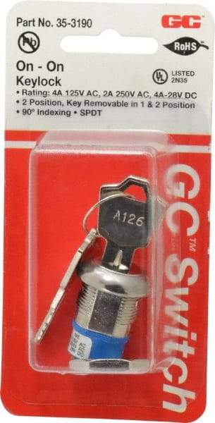 GC/Waldom - 4 Amp at 125 Volt, SPDT, 4 Tumbler Key Switch with Detent - Solder Terminal, 0.76 Inch Mount Hole Diameter, 0.931 Inch Cylinder Length, On-On Sequence - Benchmark Tooling