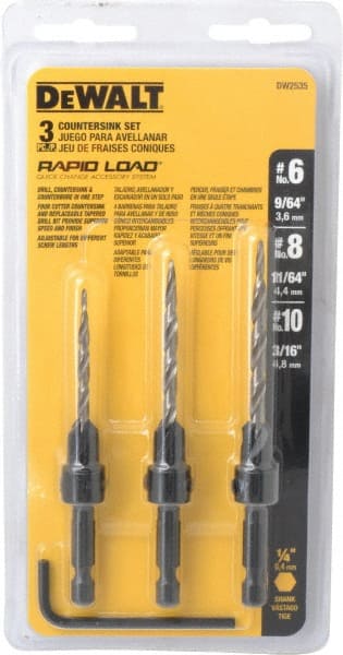 DeWALT - 3 Piece, 0.13 to 0.19" Head Diam, 77 to 83° Included Angle, Single End Countersink Set - Benchmark Tooling