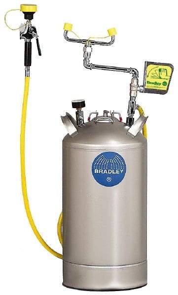 Bradley - 10 Gallon, 0.4 GPM Flow Rate at 30 PSI, Pressurized with Drench Hose Stainless Steel, Portable Eye Wash Station - 15 Min Duration, 25-1/4 Inch High - Benchmark Tooling