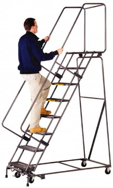 Ballymore - 93" 6 Step Ladder - Lock Step Rolling Safety Ladder, 450 Lb Capacity, 60" Platform Height, 30" Base Width x 49" Depth, Perforated Tread - Benchmark Tooling