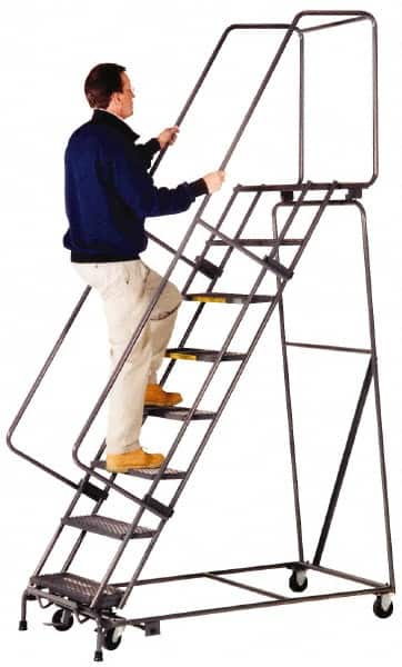 Ballymore - 143" 11 Step Ladder - Lock Step Rolling Safety Ladder, 450 Lb Capacity, 110" Platform Height, 32" Base Width x 80" Depth, Abrasive Mat Tread - Benchmark Tooling