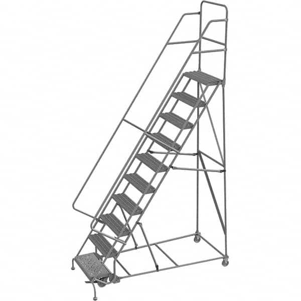 TRI-ARC - 136" 10 Step Rolling Platform Ladder - 450 Lb Capacity, 100" Platform Height, 35" Base Width x 76" Depth, Serrated Tread - Benchmark Tooling